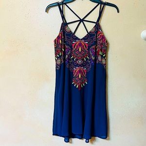 Adorable Sequin Hearts Navy Blue Boho Mini Sundress, Size S